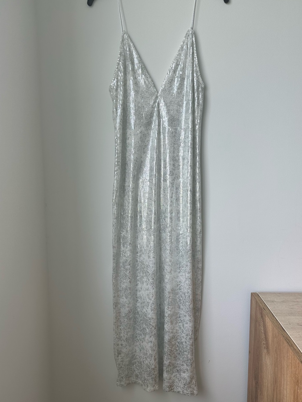 Zara Silver Sequin V‑Neck Midi Slip Dress